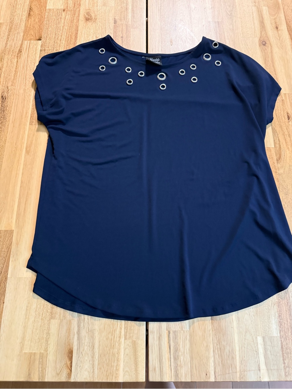 Eyelet-Accent Navy Short Sleeve Blouse